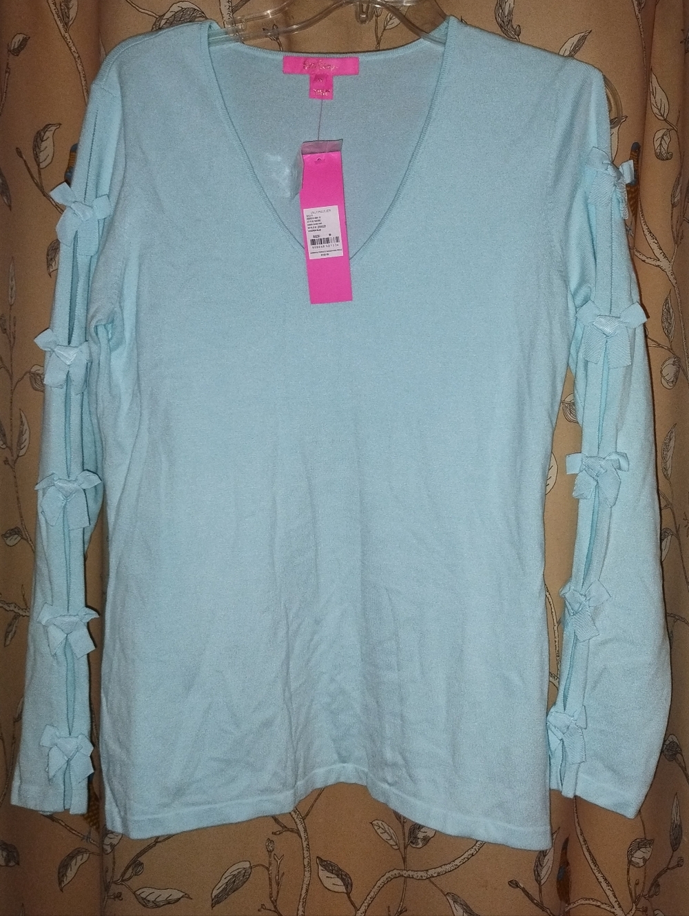 Lilly Pulitzer Edina Sweater  Light Blue NWT V-Neck Open Sleeve Bows Medium